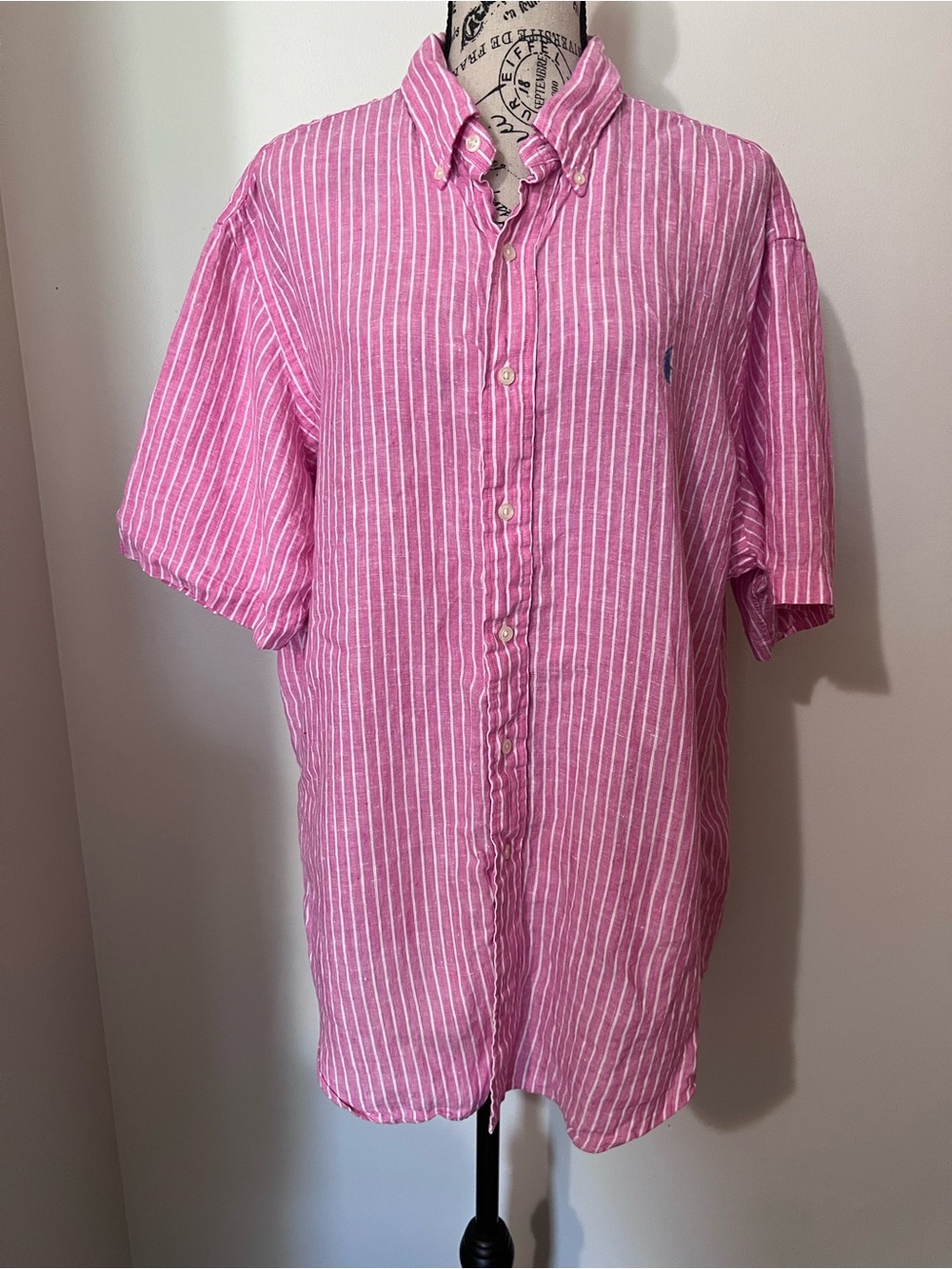 Polo Ralph Lauren Mens XL Short Sleeve Pink White Striped Linen Shirt